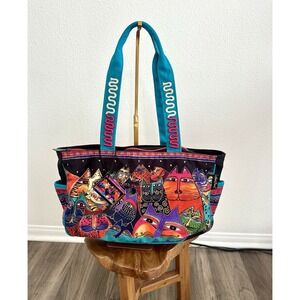 Laurel Burch Cat Bag NWT Large Shoulder Tote Embroidered Canvas Beaded Zip Top